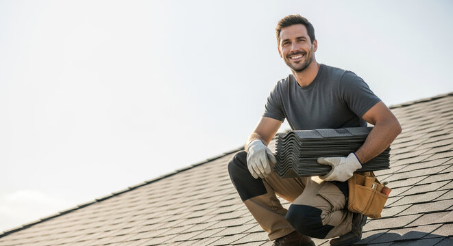 Smiling roofer on rooftop with tool belt, holding shingles for new roofing services. Experienced craftsman provides essential home improvement, ensuring quality roof installation.