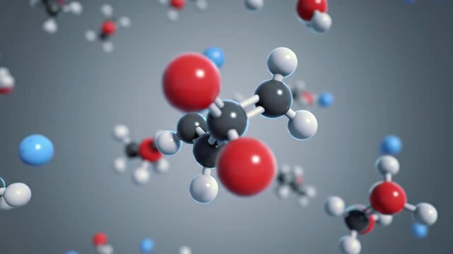 High-definition 3D CGI video of individual red oxygen, white hydrogen, black carbon atoms assembling into H2O, CO2, then glucose and O2. Scientific visualization concept