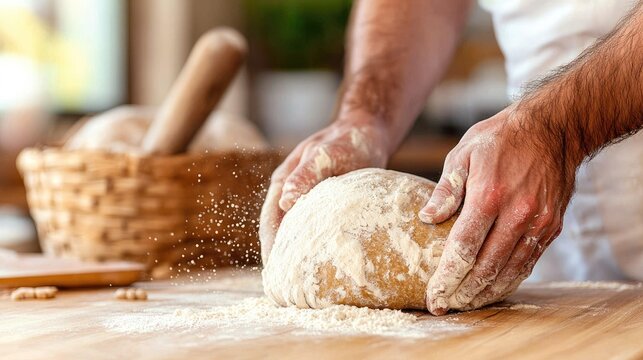 A passionate baker kneads sourdough dough on a wooden surface, showcasing the art of traditional bread-making in a cozy kitchen setting surrounded by natural light.