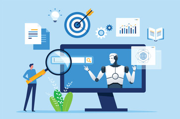 business People working with AI technology to research data analysis and digital learning, vector design a person using a large magnifying glass to search for information, improve efficiency at work
