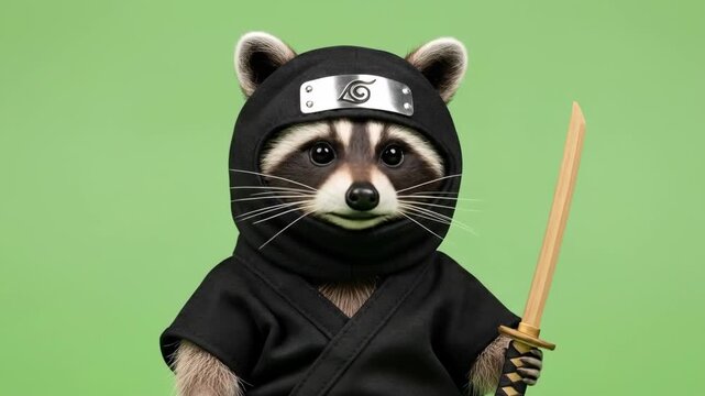Raccoon as Ninja with Black Costume and Hood Holding Wood Sword on Green Background in Studio Shot
