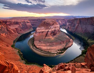 Majestic panoramic view of a horseshoe bend canyon at sunset