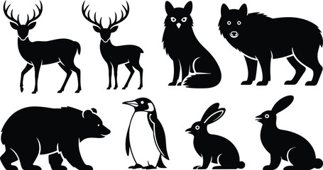 Black animal silhouettes vector collection deer wolf
