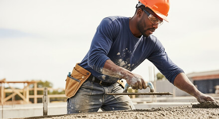 Skilled construction worker performing concrete work on building site. Man in hard hat and safety glasses carefully smoothing wet cement.