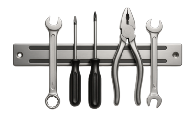 A magnetic strip mounted above a workbench for convenient tool storage.