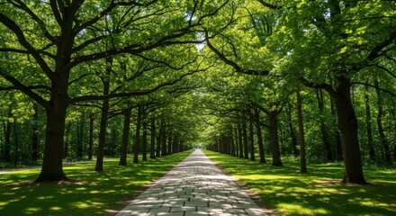 Sunlight Filters Through a Lush Green Tree Lined Pathway
