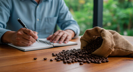 Coffee business owner taking notes while evaluating roasted specialty coffee beans.