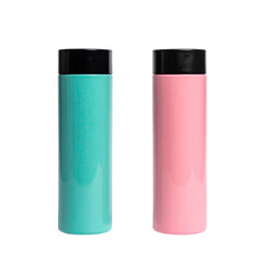 Two insulated, cylindrical travel bottles, one teal and one pink, on a black background