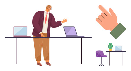 Man in suit presenting at desk with two laptops, chair, houseplant, and large hand gesture. Ideal for office, education, technology, training leadership teamwork communication. Simple flat