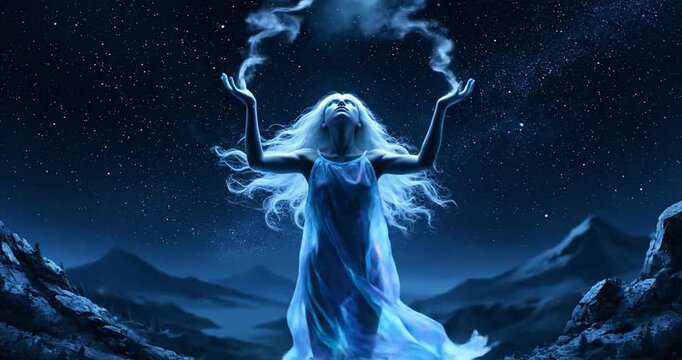 A mystical fire whisperer releases ash into the breezy night sky with ethereal blue lighting in a surreal painted style.