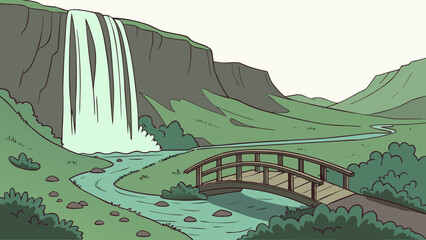 tranquil view of seljlandsfoss waterfall in ice land,cascading behind a wodden bridge amid lush green scenery.