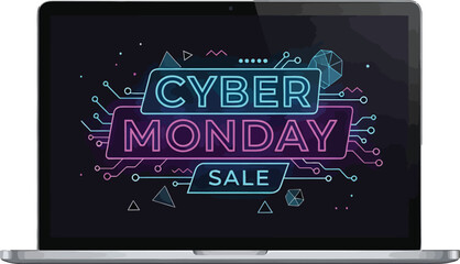 Laptop screen showcasing a dynamic Cyber Monday Sale promotion with te