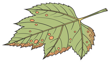Leaf affected by fungal infection isolated on a white greenery background.  Signs of plant blight and powdery mildew visible on the surface.