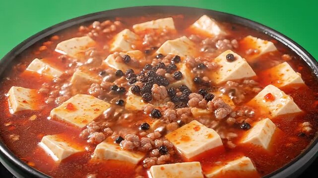 Spicy and savory mapo tofu served in a black pot, a popular Chinese dish with tender tofu and minced meat.
