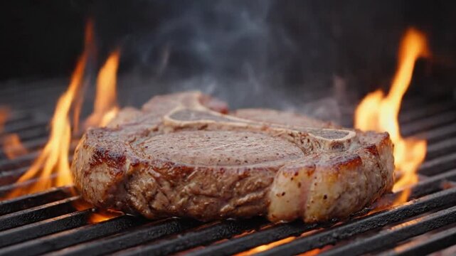Close up of a steak cooking on a grill with flames licking the meat