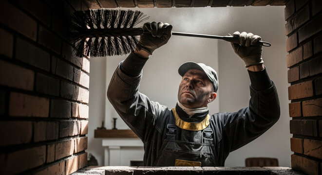 Man cleaning chimney with long brush, removing soot and debris. Chimney sweep is essential for fireplace maintenance, preventing fire hazards and ensuring proper ventilation.
