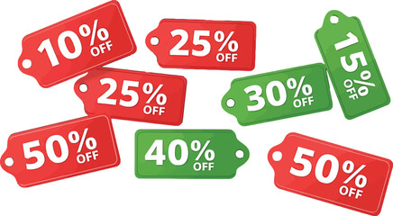 Dynamic arrangement of red and green promotion tags offering significa