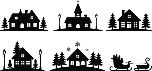 Winter village scene with houses trees and sleigh pine trees