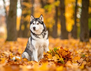 Siberian Husky sits amidst autumn leaves in a park