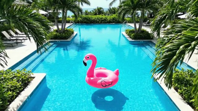 Pink flamingo pool float in a bright blue swimming pool at a resort