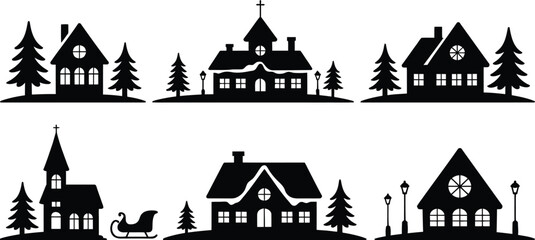 Winter village scene vector silhouette