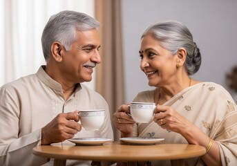 Senior Indian couple smiling and having tea together at home