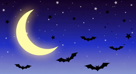 Fototapeta premium Bats silhouetted against a crescent moon in a starry night sky.