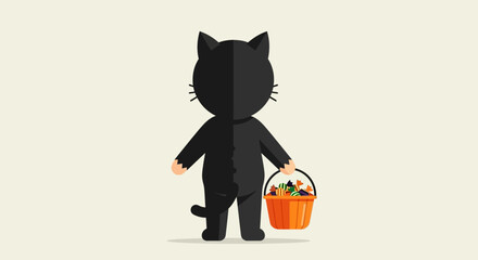 Black Cat TrickorTreating with a Basket of Goodies.