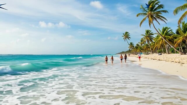 People walk on beach with palm trees and parrots flying in the sky