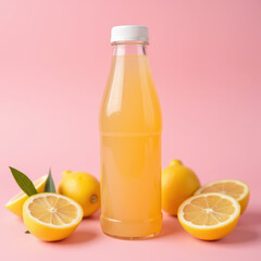Fresh lemon juice in clear bottle with sliced lemons on pink background, evoking refreshing and vibrant feel