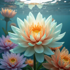 Vibrant water lilies bloom gracefully underwater, showcasing delicate petals in soft hues of pink and orange, creating serene aquatic scene