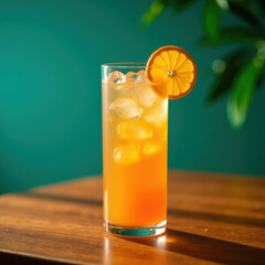 Refreshing orange drink with ice, garnished with slice of orange, set against vibrant green background
