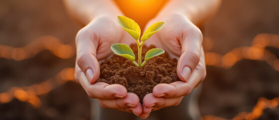Nurturing young plant in hands symbolizes growth, care, and environmental awareness. warm sunlight enhances emotional connection to nature