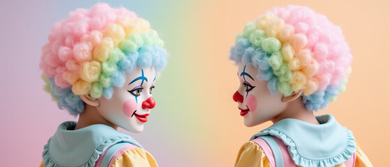 Colorful clown dolls with pastel wigs and cheerful expressions, showcasing playful and whimsical features