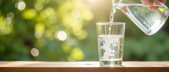 Refreshing water is being poured into clear glass, capturing essence of hydration and vitality in natural setting