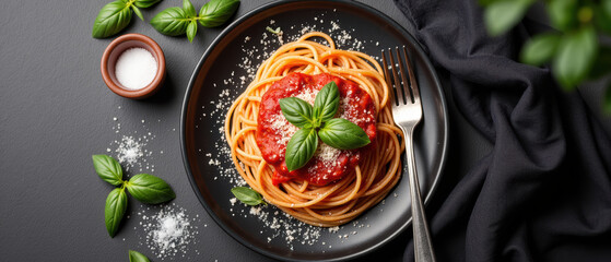 Delicious spaghetti topped with rich tomato sauce and fresh basil leaves, served on black plate, creating inviting culinary experience
