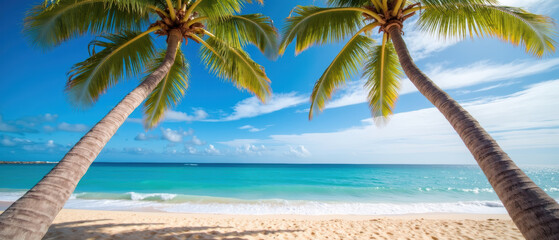 Serene beach scene featuring palm trees framing tranquil ocean view, with clear blue skies and gentle waves lapping at shore