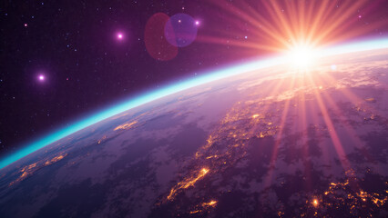 Breathtaking view of Earth from space, showcasing curvature of planet, vibrant colors, and radiant sunrise illuminating atmosphere