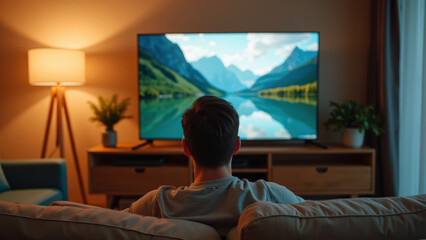 Person enjoys serene view of mountains and lake on large television screen in cozy living room. warm lighting creates relaxing atmosphere