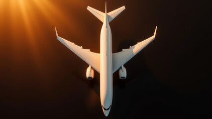 Aerial view of modern airplane against warm sunset backdrop, showcasing sleek design and advanced technology