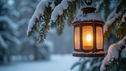 Warm lantern hangs from snow covered branch, illuminating winter landscape with soft glow. serene atmosphere evokes sense of peace and tranquility