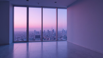 Modern interior with large windows showcasing city skyline at sunset, creating serene atmosphere