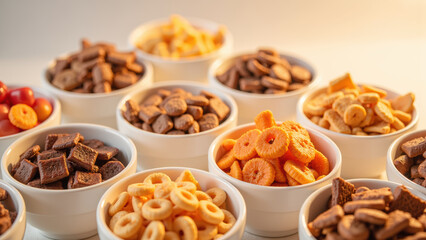Delicious snacks arranged in bowls, featuring variety of textures and colors, perfect for sharing or enjoying alone