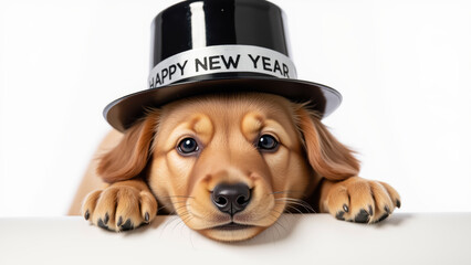 Adorable puppy wearing festive hat, celebrating New Year with joyful expression. Perfect for holiday themes and pet lovers