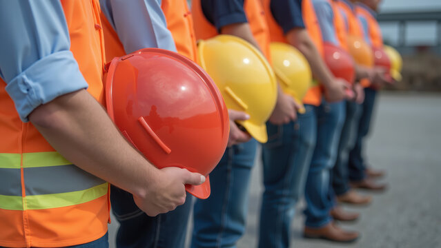 Safety gear construction workers hard hats teamwork orange vests outdoor setting organized group construction site professionalism