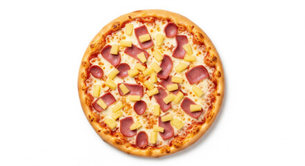 Whole Hawaiian Pizza with Pineapple and Ham on White Background