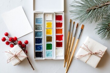 Watercolor painting supplies with art brushes, red berries, small gifts, and pine branch arranged on a white textured surface overhead.