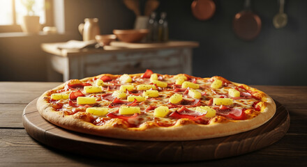 Baked Hawaiian Pizza on Wooden Table in Rustic Kitchen