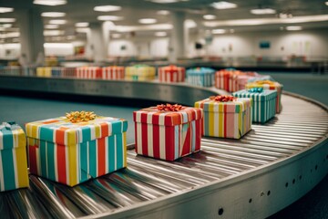 Colorful wrapped presents move along a curved metal conveyor belt inside a brightly lit indoor location.