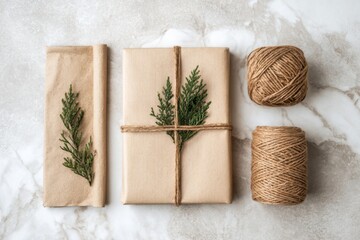 Brown paper wrapped gifts with evergreen sprigs and twine sit on a light marble surface overhead.